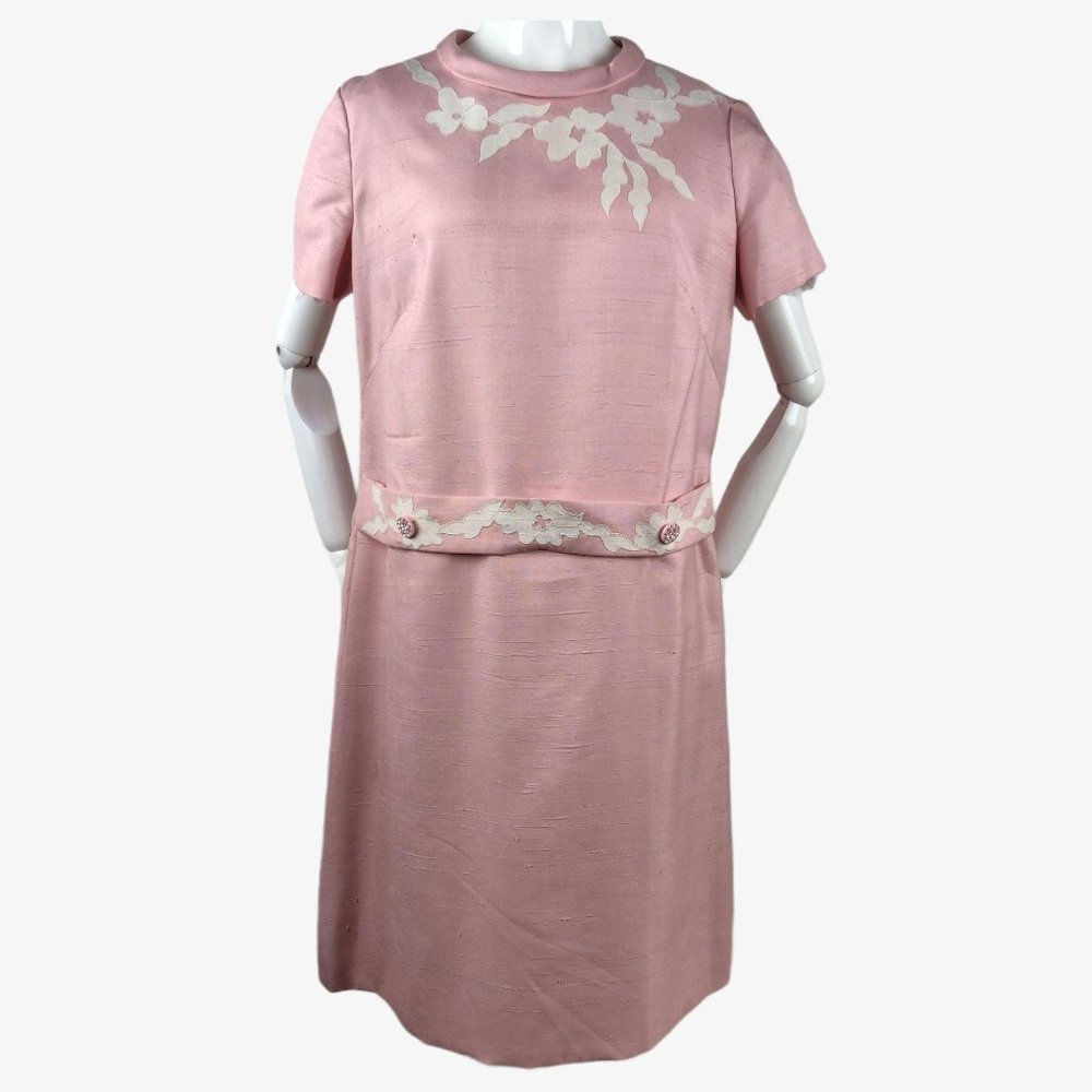 Vintage 1960s Pink Silk Sheath Dress Floral Appliq